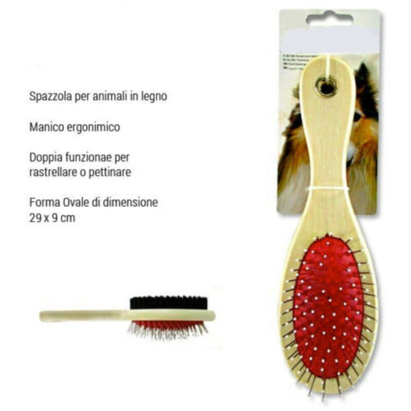 foto del prodotto trade shop traesio spazzola doppia per cani animali gatti rastrella pettina 29x6 cm ovale in legno 