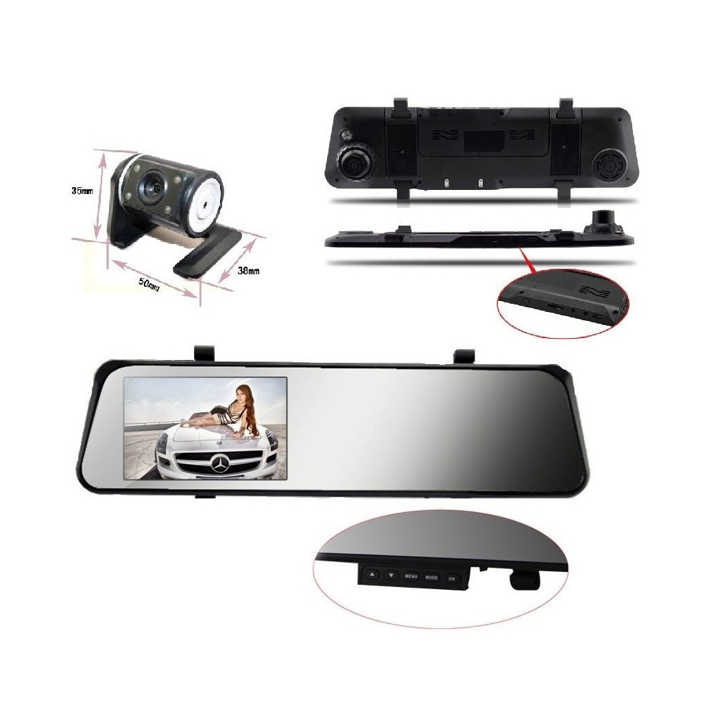 foto del prodotto trade shop traesio specchietto retrovisore dvr telecamera full hd 1080p 4.3 lcd con retrocamera 