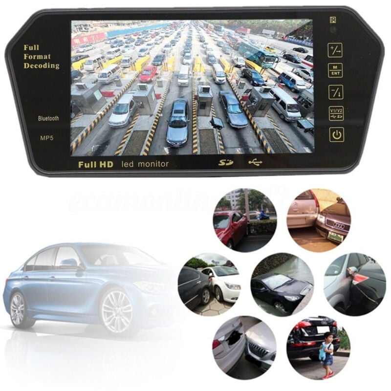 foto del prodotto trade shop traesio specchietto retrovisore monitor 7 bluetooth usb sd tft mp5 camera auto 