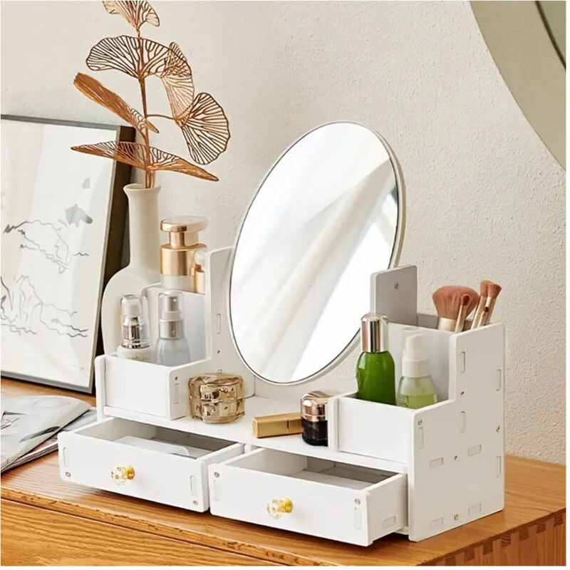 foto del prodotto trade shop traesio specchio trucco con cassetti in legno organizer gioielli pennelli montaggio su com 