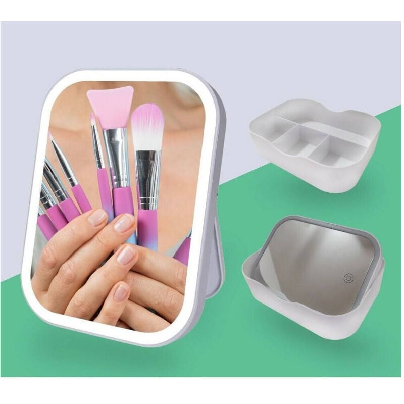 foto del prodotto trade shop traesio - specchio trucco illuminato con luci led ricaricabile + organizer trucchi make up -