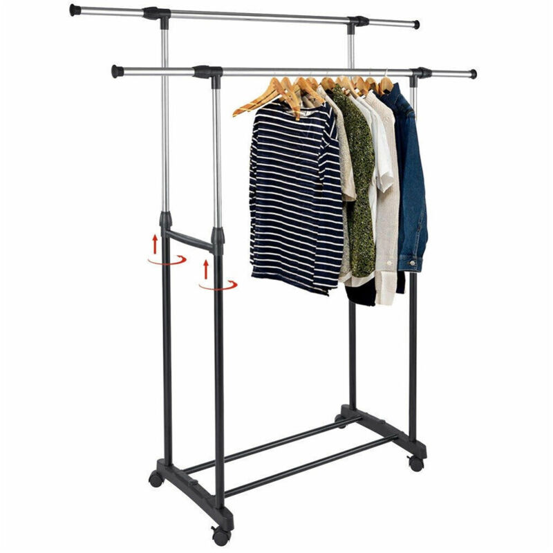 foto del prodotto trade shop traesio stand appendiabiti da terra doppio con ruote aste telescopiche regolabile abiti 
