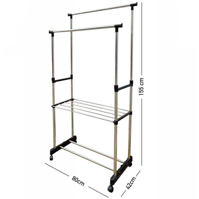 foto del prodotto trade shop traesio stand appendiabiti doppio con ripiano base ruote aste telescopiche regolabile 