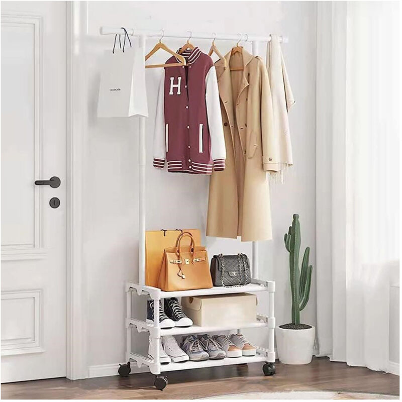 foto del prodotto trade shop traesio stand appendiabiti in metallo con ruote attaccapanni con ripiani asta 56x35x165cm bianco