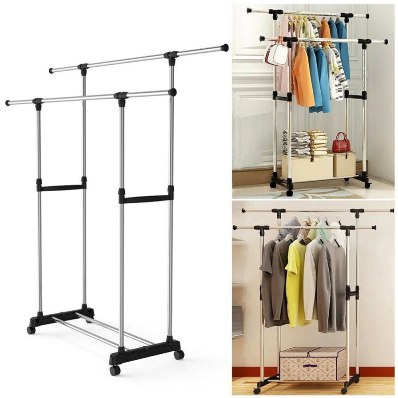 foto del prodotto trade shop traesio stand appendiabiti regolabile telescopico con ruote organizer abiti doppio 