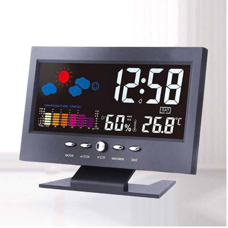 foto del prodotto trade shop traesio - stazione meteo igrometro orologio sveglia da tavolo display lcd color senza fili -