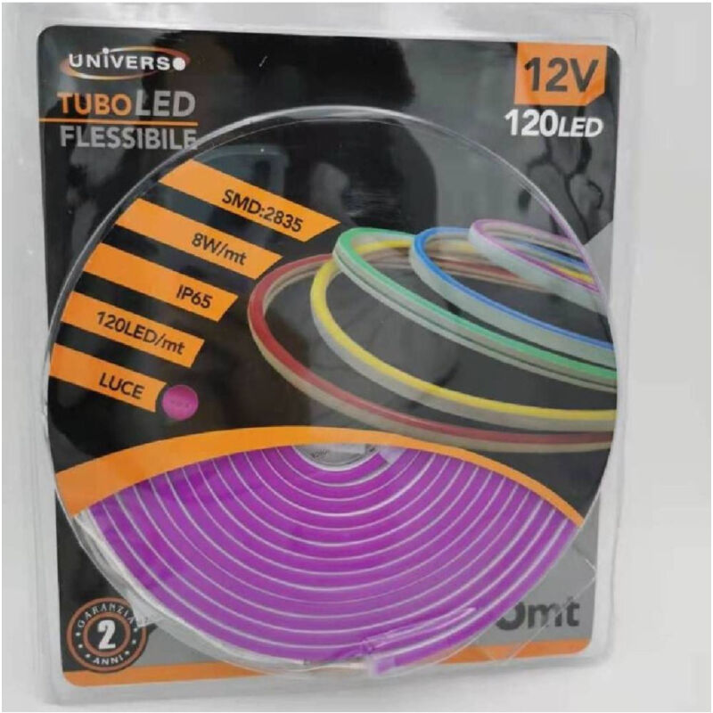 foto del prodotto trade shop traesio strip led neon flessibile striscia decorativa 5 mt ip65 vari toni di luce u 12v viola 