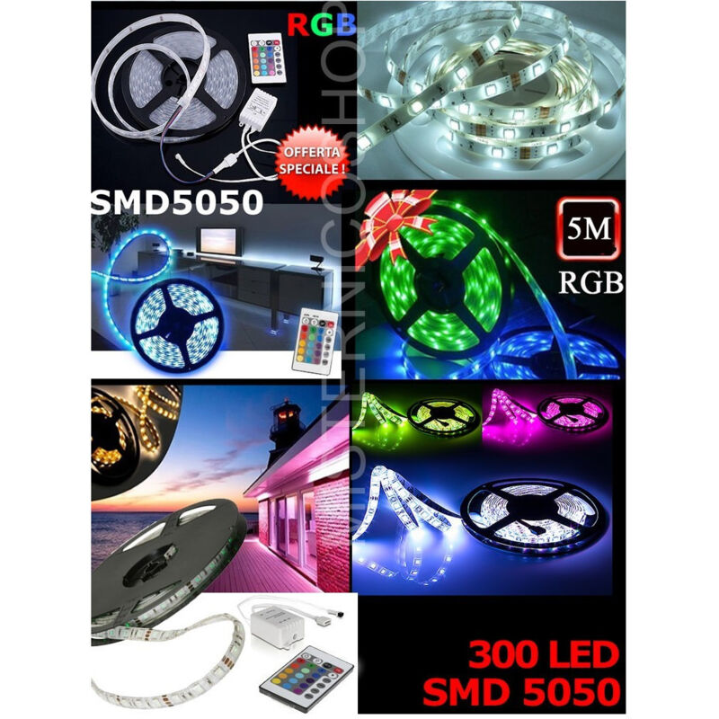 foto del prodotto trade shop traesio striscia led colorata rgb 5m smd5050 impermeabile con alimentatore e telecomando 