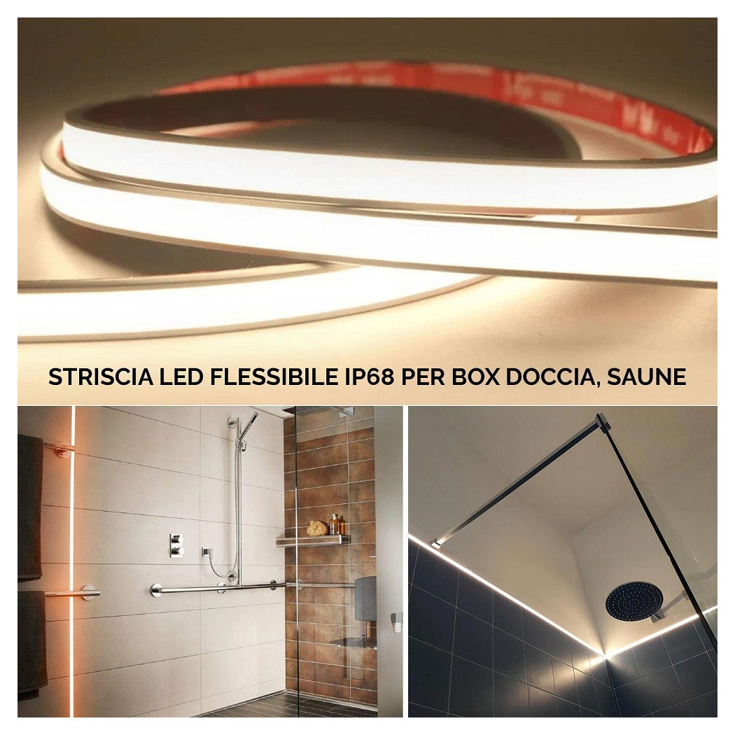 foto del prodotto trade shop traesio striscia led ip68 cob flessibile neon dimmerabile 24v luce box doccia bagno vasca bianco naturale 