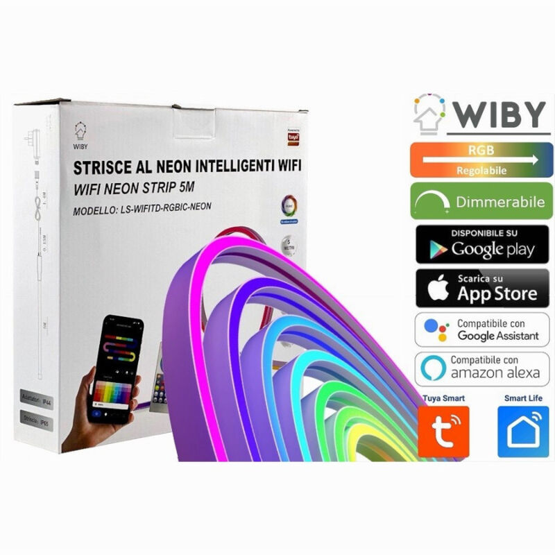 foto del prodotto trade shop traesio striscia led neon flex rgb intelligente 5metri 36w wifi app ls wifitd rgbic neon 