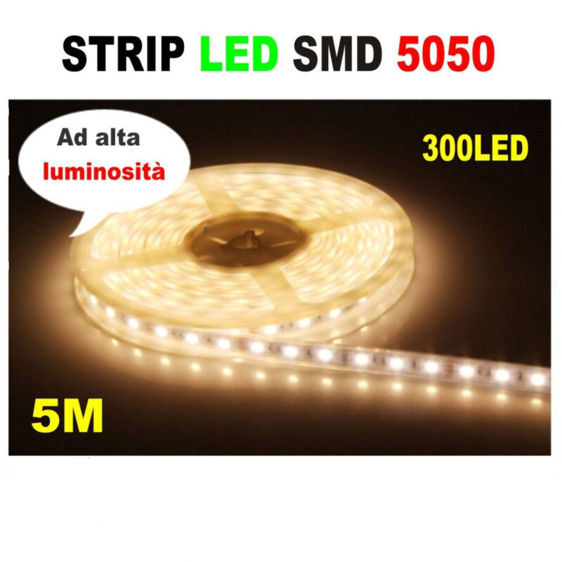 foto del prodotto trade shop traesio striscia strip led resistente all acqua 5 metri smd5050 bianco caldo 300 l 1 ampere 