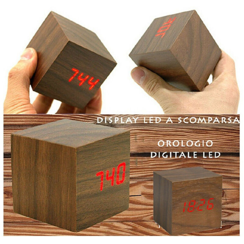 foto del prodotto trade shop traesio - sveglia orologio digitale led effetto legno con suono allarme temperatura cubo -