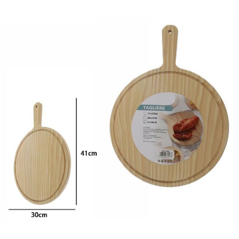 foto del prodotto trade shop traesio - tagliere legno rotondo affetta pane salumi carne pizza con manico 41x30cm 74198 -