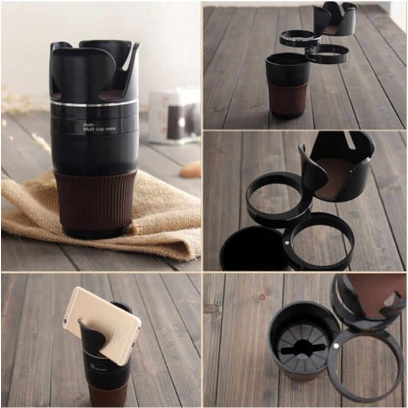 foto del prodotto trade shop traesio tazza auto multifunzione 5in1 anelli girevole porta bevande bicchiere smartphone 