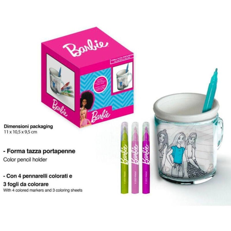 foto del prodotto trade shop traesio tazza portapenne da colorare barbie bicchiere pennarelli colori idea regalo 