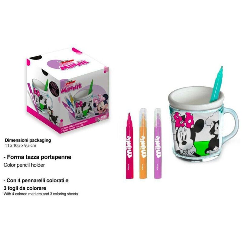foto del prodotto trade shop traesio - tazza portapenne da colorare minnie disney bicchiere pennarelli colori regalo -