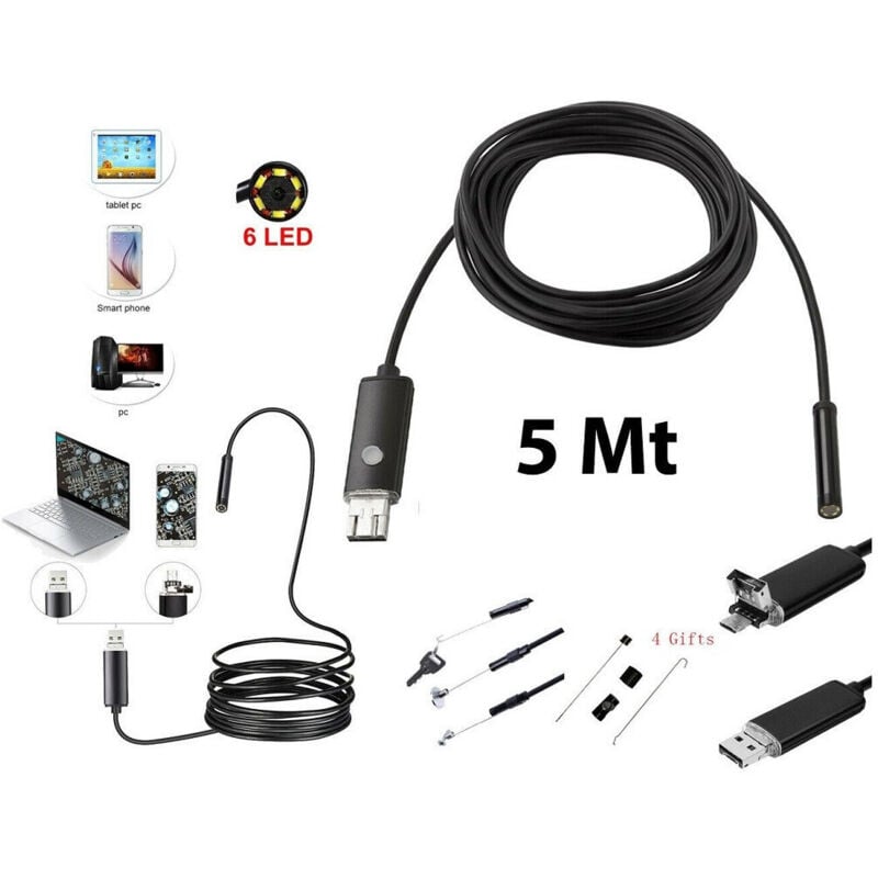 foto del prodotto trade shop traesio telecamera endoscopica 6 led tubo flessibile usb 5 mt impermeabile ispezione 