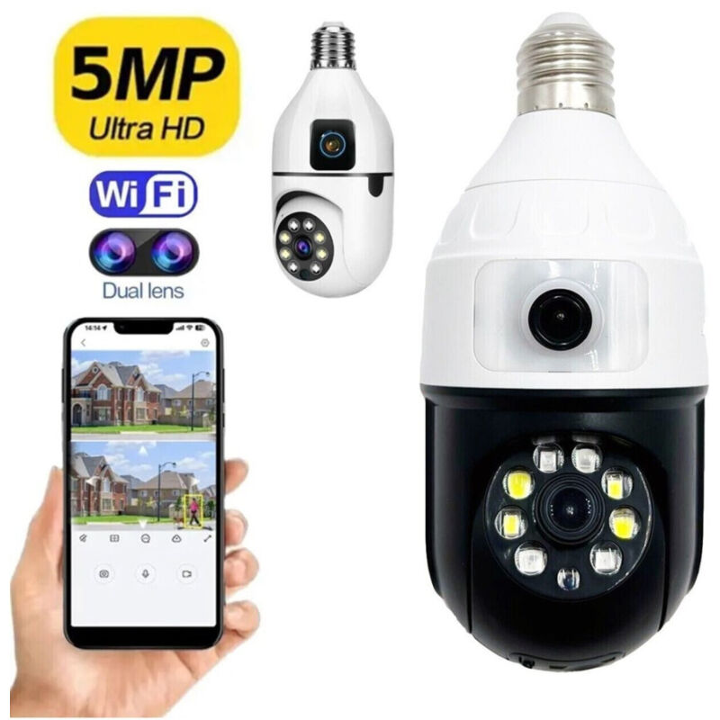 foto del prodotto trade shop traesio telecamera wifi da interno esterno 5 mp videocamera lampadina con doppia lente 