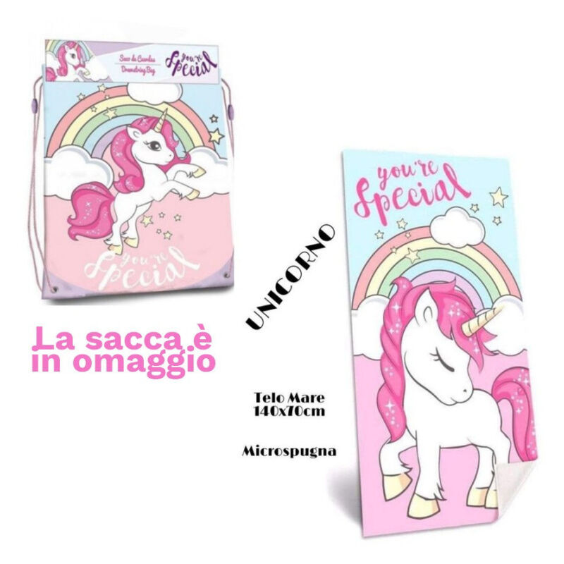 foto del prodotto trade shop traesio telo mare in cotone unicorni sacca in omaggio asciugamano mare piscina bambine 