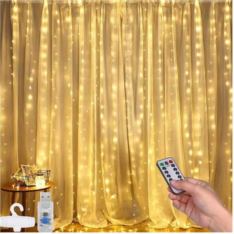foto del prodotto trade shop traesio tenda luminosa led catena luci usb 8 modalit luce telecomando bianco caldo 3x3mt 