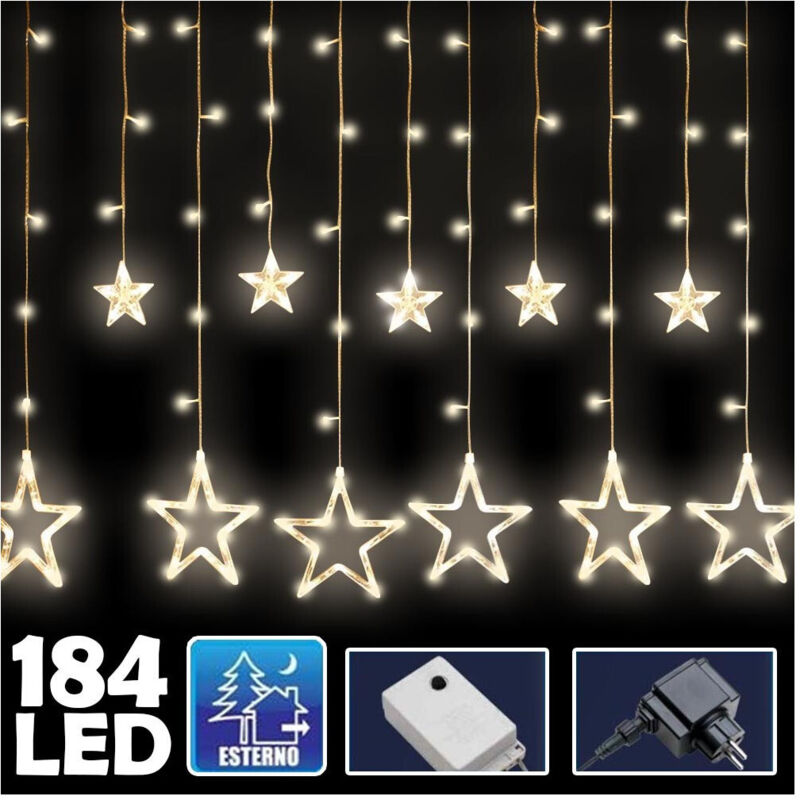 foto del prodotto trade shop traesio tenda luminosa natalizia 140led con stelle bianco caldo 2mt esterno prolungabile 