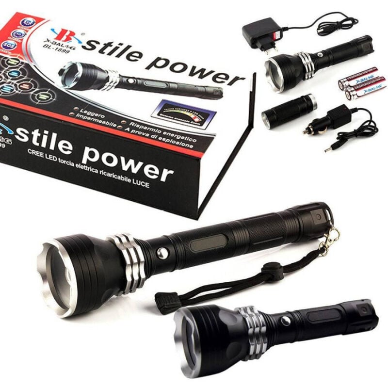 foto del prodotto trade shop traesio torcia lampada led cree t6 ricaricabile 2000 lumen 80000 w con prolunga bl 1899 
