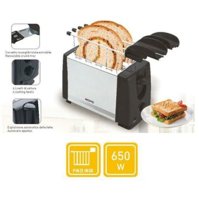 foto del prodotto trade shop traesio tostapane in acciaio tostiera con pinze per toast 2 fette toaster piastra 650w 