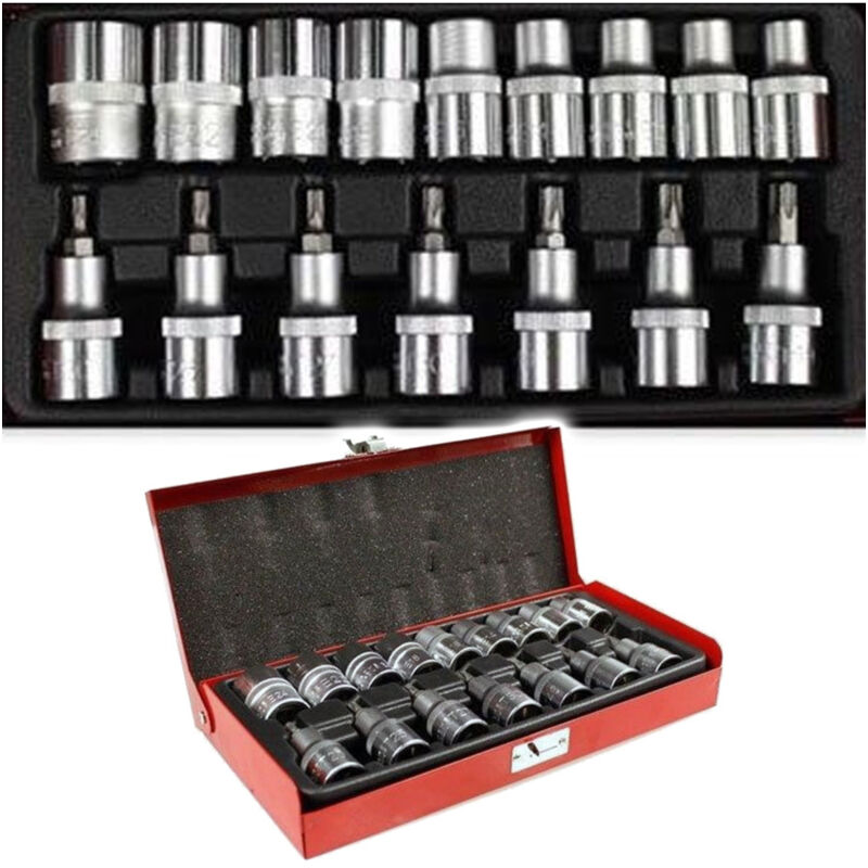 foto del prodotto trade shop traesio trade shop set 16 pz bussole torx t30 t70 maschio femmina e10 24 impronta kit box metallo 