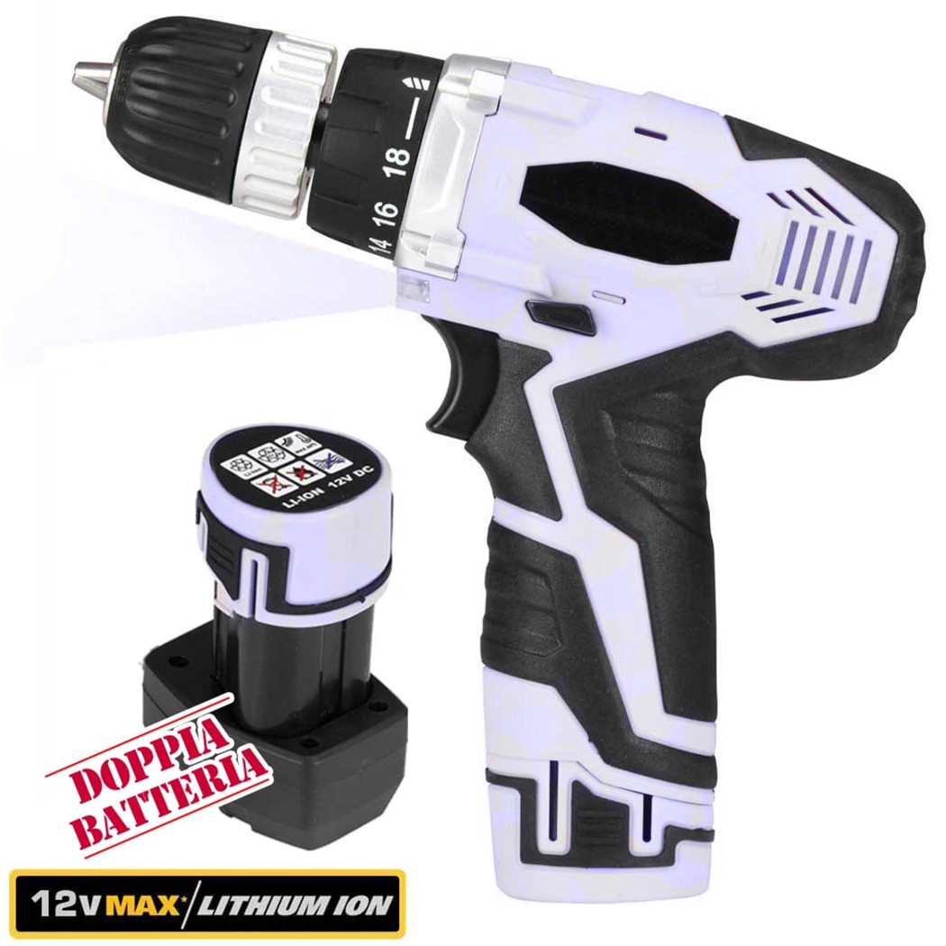 foto del prodotto trade shop traesio trapano avvitatore a doppia batteria al litio in valigetta 12v cordless 