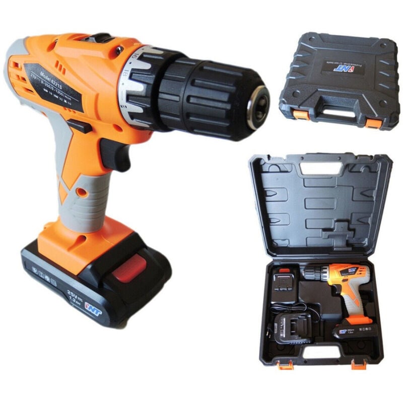 foto del prodotto trade shop traesio trapano avvitatore con doppia batteria al litio 25v 1.3ah con valigia 6221s 