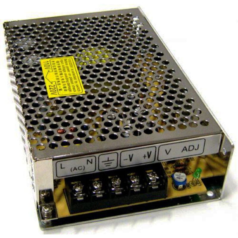 foto del prodotto trade shop traesio trasformatore alimentatore stabilizzato per striscia a led switch trimmer 12v 5 ampere scatola metallo 