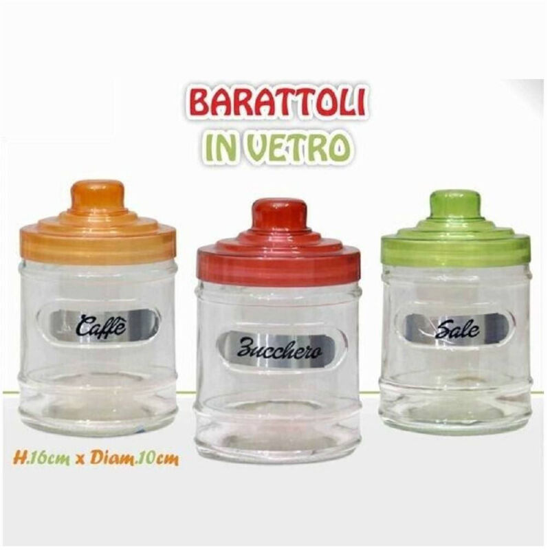 foto del prodotto trade shop traesio tris barattoli 3 contenitori caff zucchero sale vetro tappo colorato 