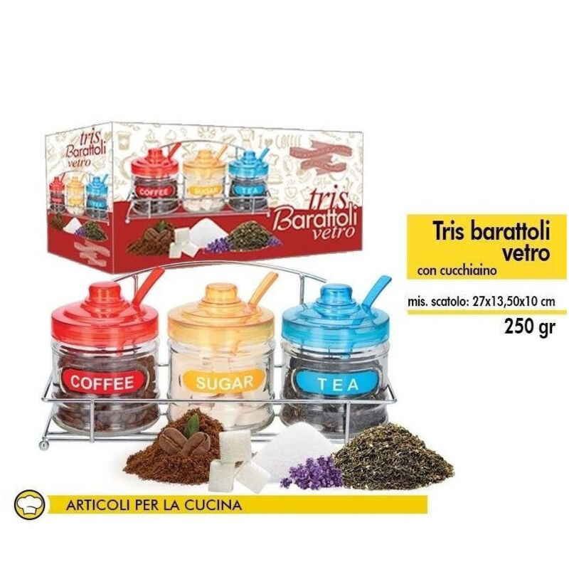 foto del prodotto trade shop traesio - tris barattoli contenitori caffè zucchero tè vetro tappo colorato -