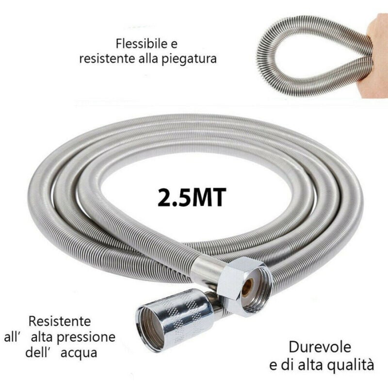 foto del prodotto trade shop traesio tubo flessibile soffione doccino per doccia vasca bagno 2.5mt in acciaio cromato 