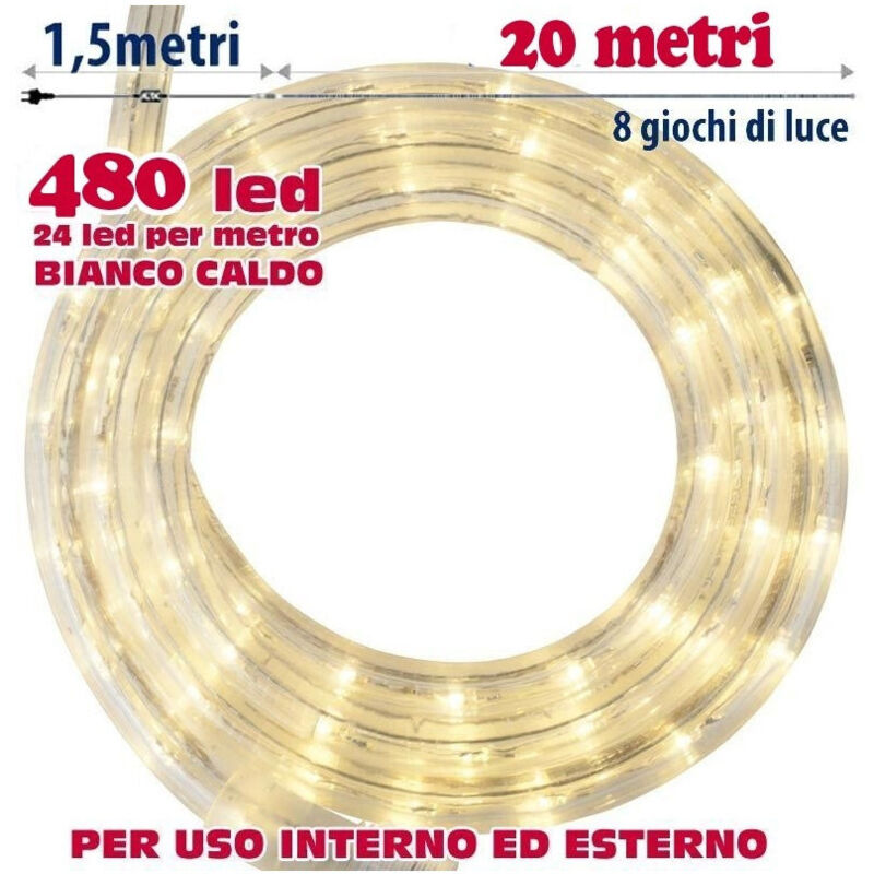 foto del prodotto trade shop traesio tubo luminoso 20 metri led bianco caldo 480 luci per interno e per esterno 