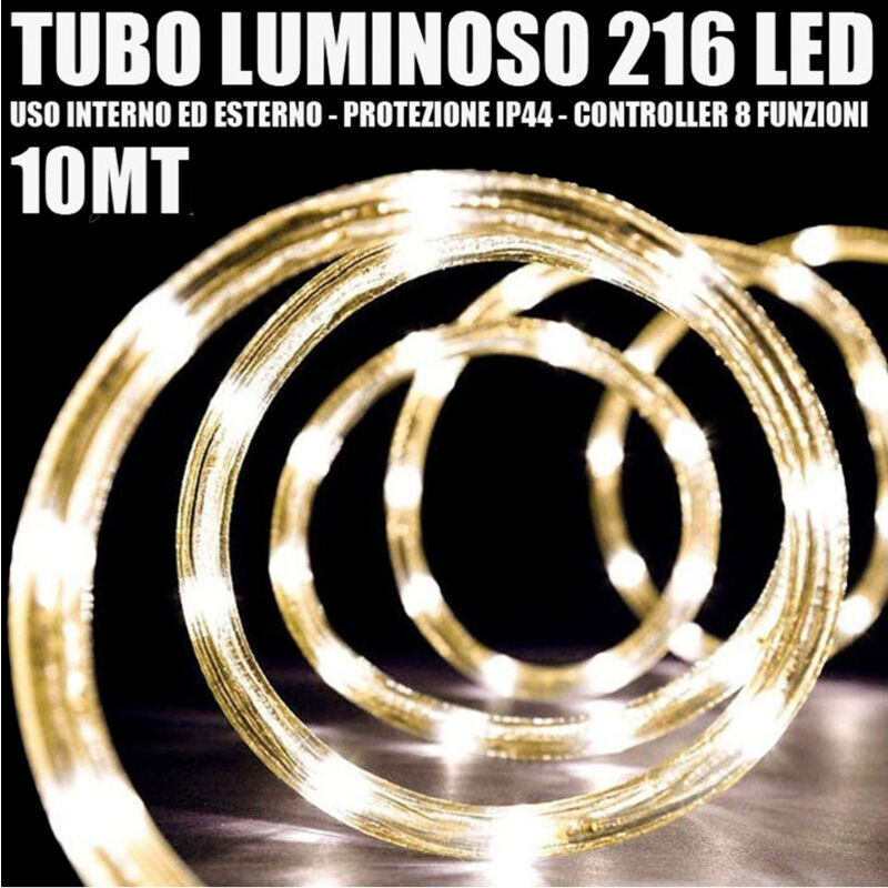foto del prodotto trade shop traesio tubo luminoso 216 led bianco caldo 10 mt 3vie uso interno esterno controller 
