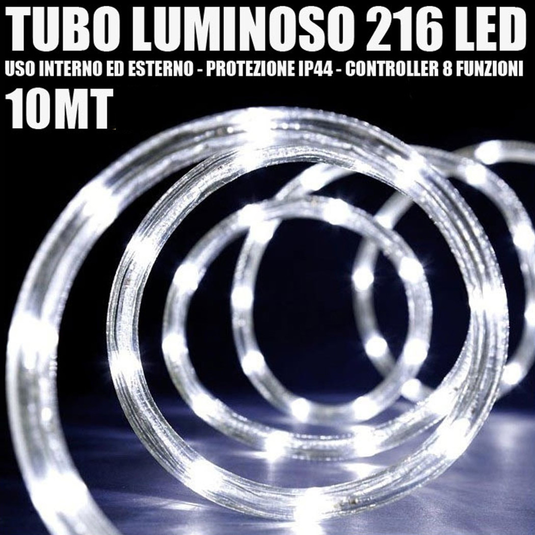 foto del prodotto trade shop traesio tubo luminoso 216 led bianco freddo 10 mt 3vie uso interno esterno controller 