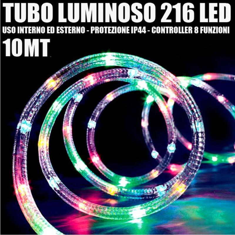 foto del prodotto trade shop traesio tubo luminoso 216 led multicolor 10 mt 3vie uso interno esterno controller 