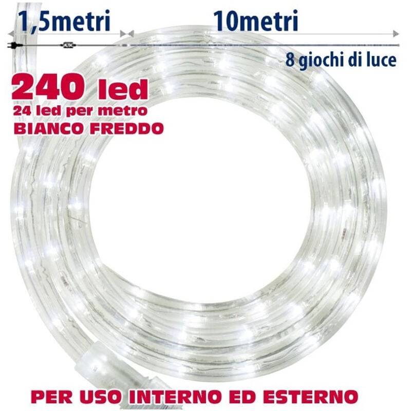 foto del prodotto trade shop traesio tubo luminoso natalizio 10 metri led bianco freddo con controller 8 funzioni 