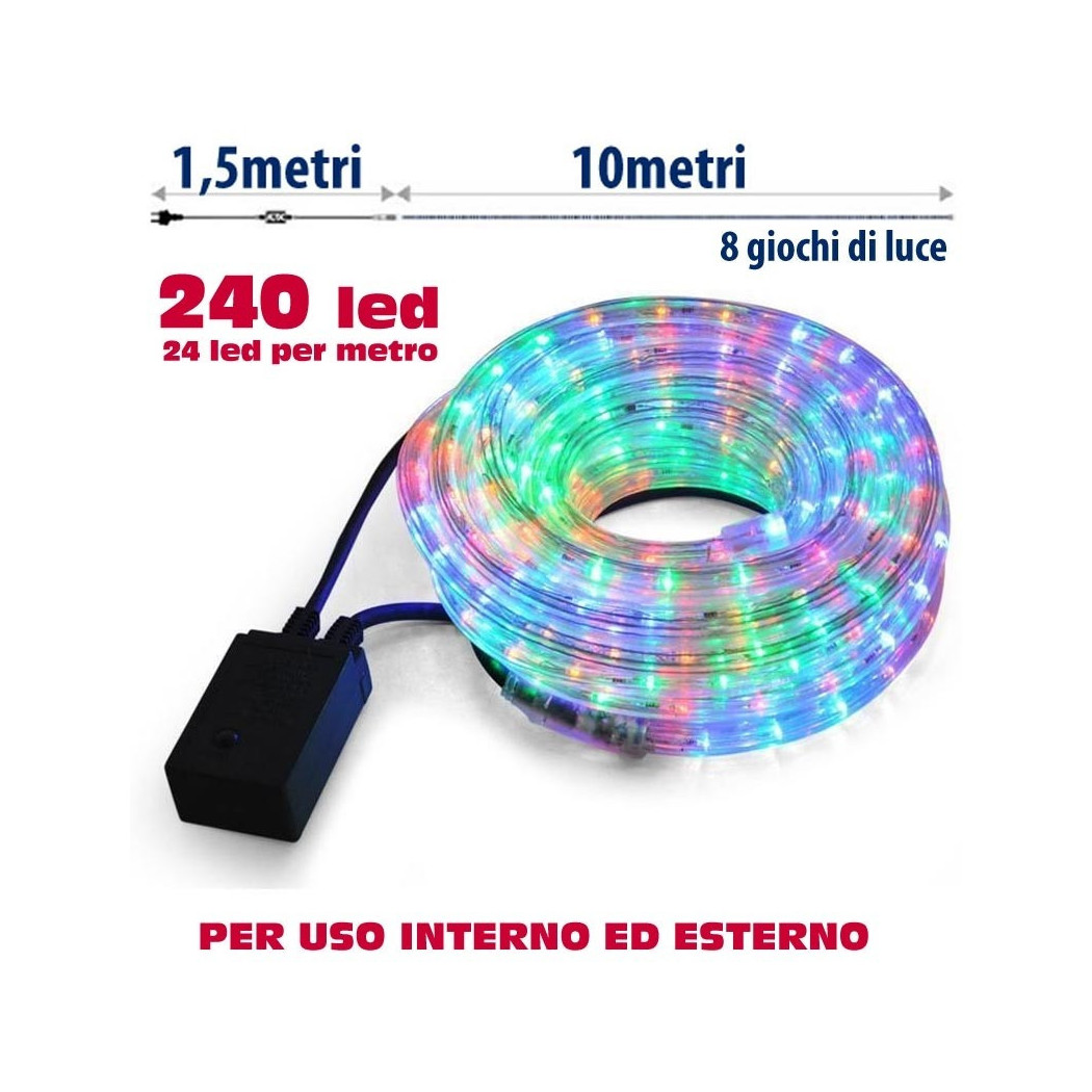 foto del prodotto trade shop traesio tubo luminoso natalizio 10 metri led multicolor controller 8 funzioni x esterno 