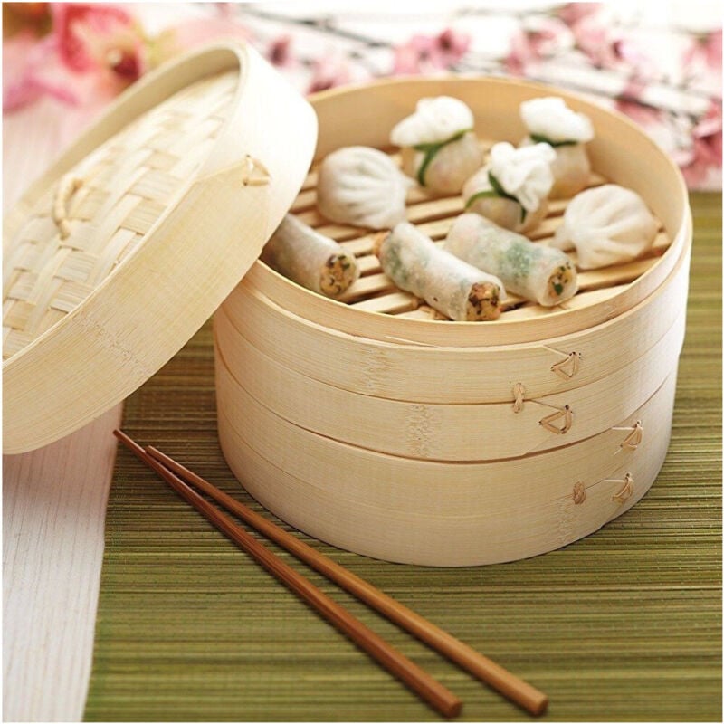 foto del prodotto trade shop traesio - vaporiera in legno di bamboo cuocivapore 20cm cottura vapore cucina asiatica -