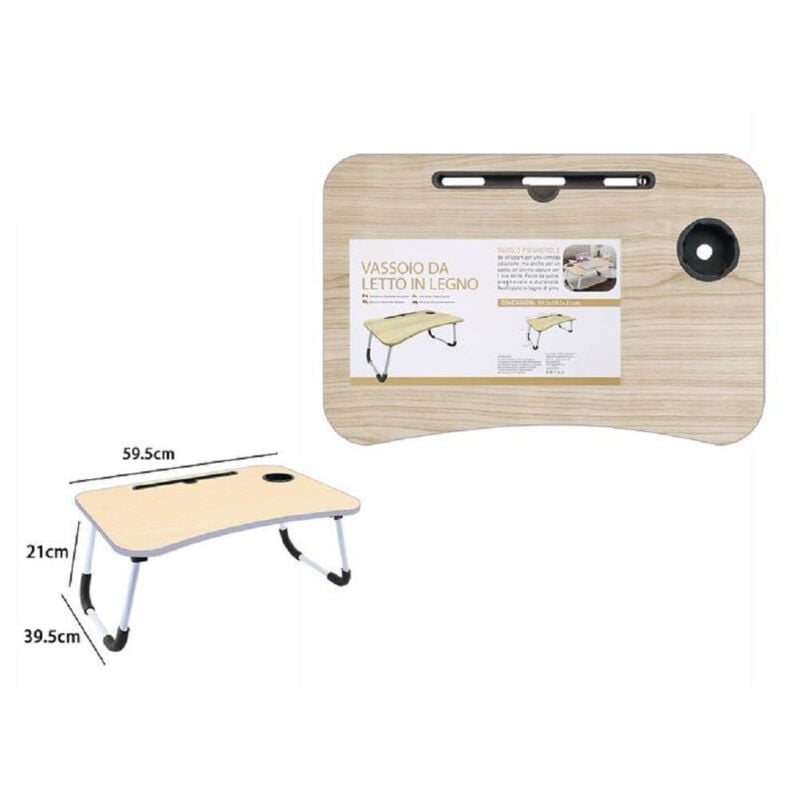 foto del prodotto trade shop traesio - vassoio scrivania pieghevole tavolino da pc slot tablet tazza legno chiaro 71364 -