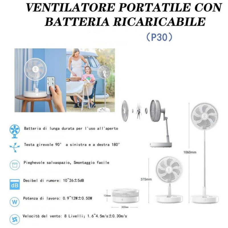 foto del prodotto trade shop traesio ventilatore portatile con batteria ricaricabile p30 design pieghevole salvaspazio 