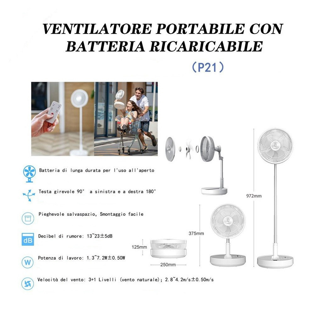 foto del prodotto trade shop traesio ventilatore portatile p21 batteria ricaricabile salvaspazio pieghevole silenzioso 