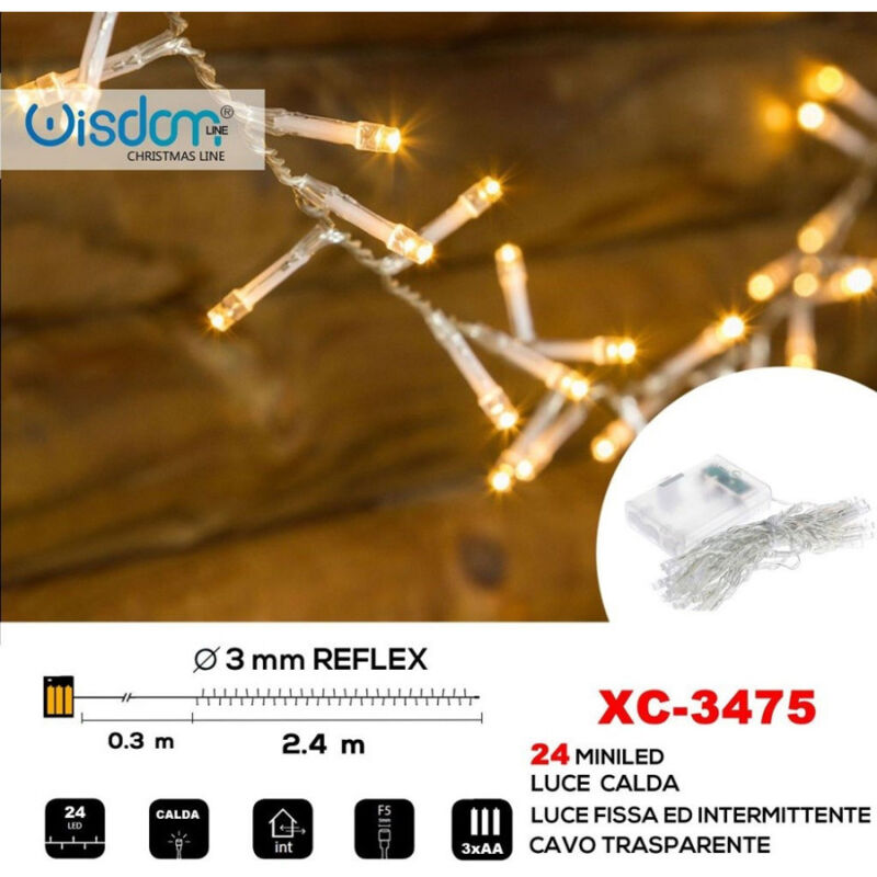 foto del prodotto trade shop traesio wisdom catena 24 led a batteria cavo trasparente luce calda fissa intermittente xc 3475 