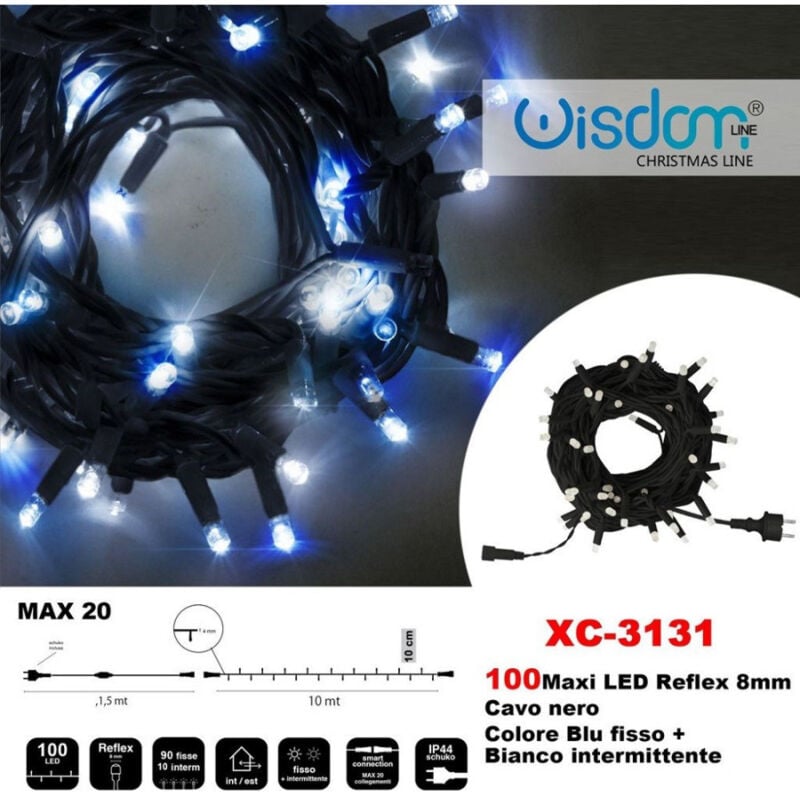 foto del prodotto trade shop traesio wisdom catena luminosa 100 luci led lucciole blu fisso bianco intermittente xc 3131 