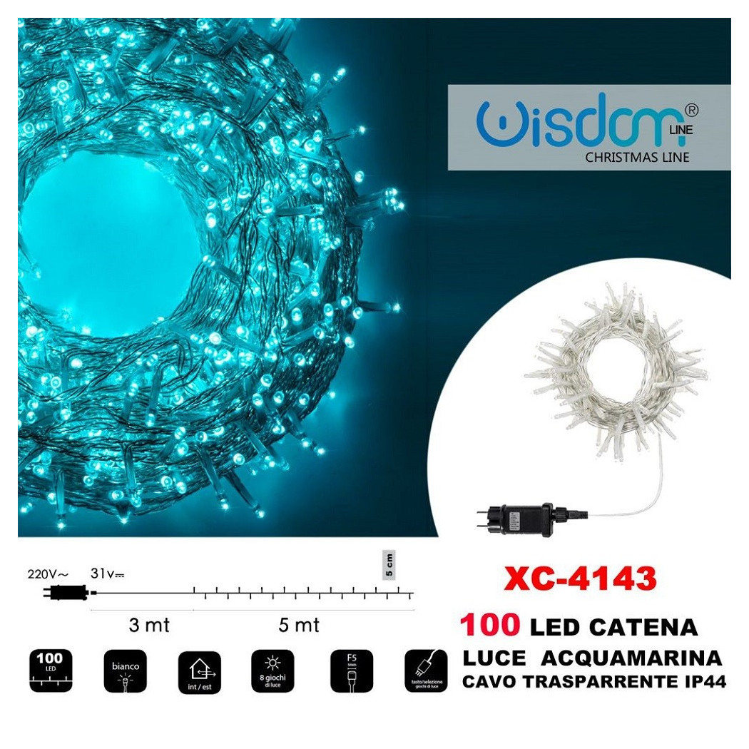 foto del prodotto trade shop traesio wisdom catena luminosa 100 luci led lucciole luce acquamarina cavo trasparente xc 4143 