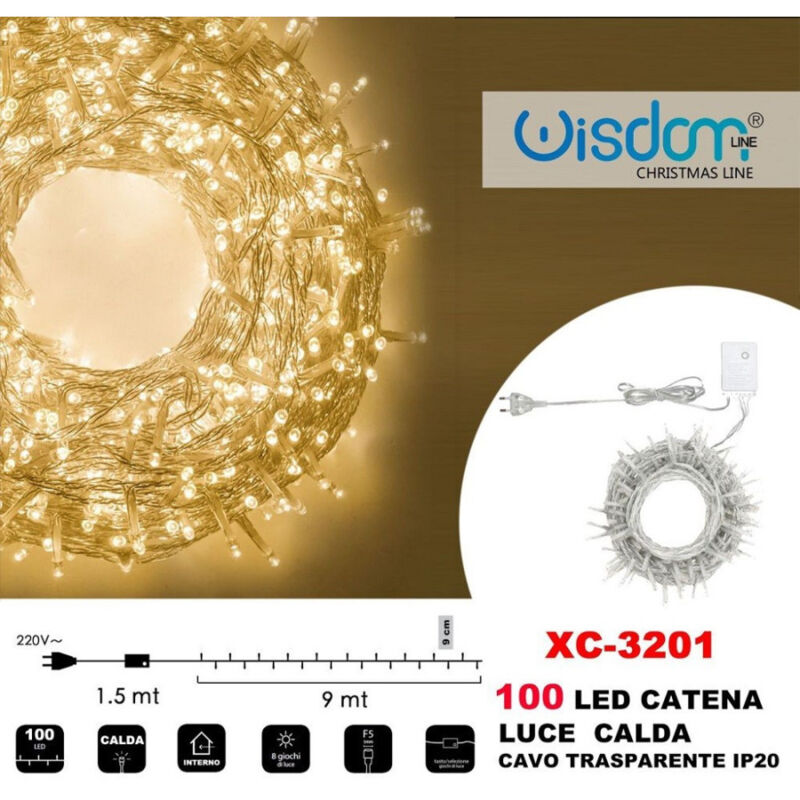 foto del prodotto trade shop traesio wisdom catena luminosa 100 luci led lucciole luce calda cavo trasparente ip20 xc 3201 