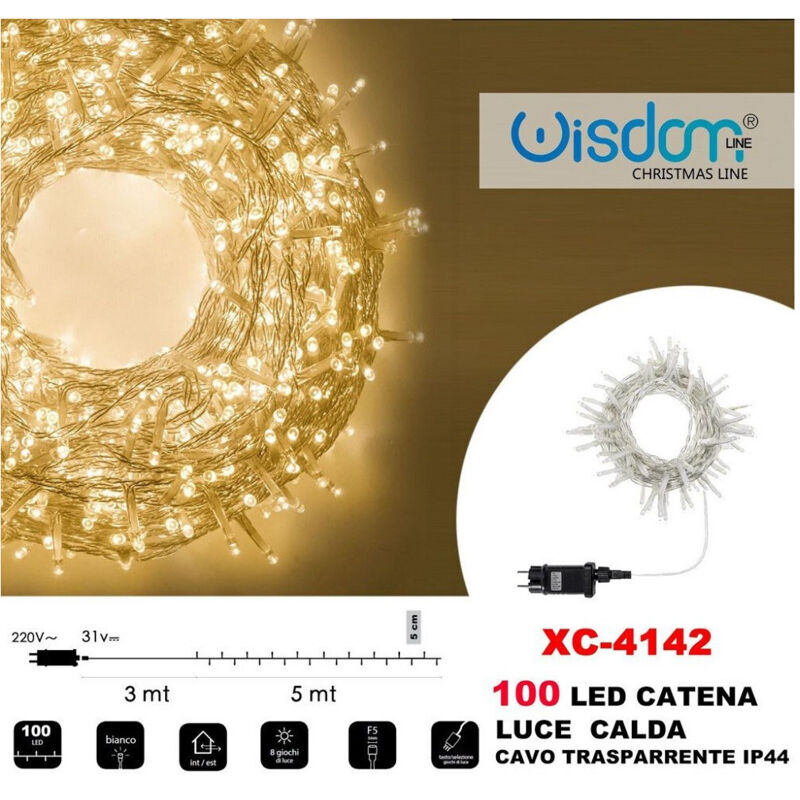 foto del prodotto trade shop traesio - wisdom - catena luminosa 100 luci led lucciole luce calda cavo trasparente ip44 xc-4142 -