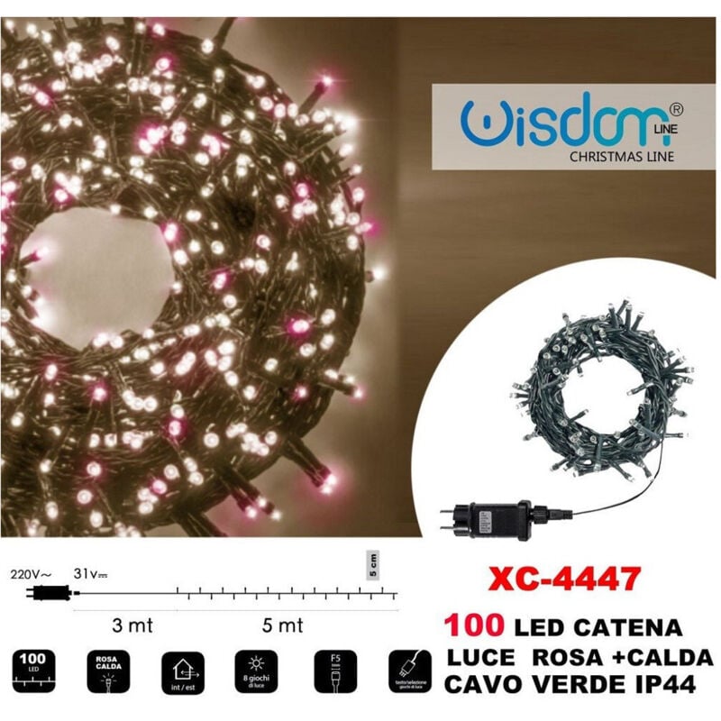 foto del prodotto trade shop traesio - wisdom - catena luminosa 100 luci led lucciole luce rosa + calda cavo verde ip44 xc-4447 -